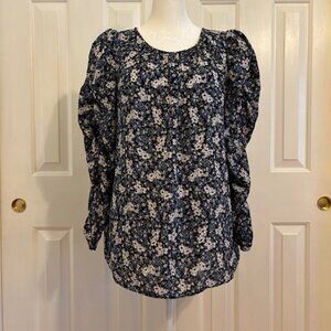 Max Studio Blue Floral Blouse with Long Ruched Sleeves Size Medium